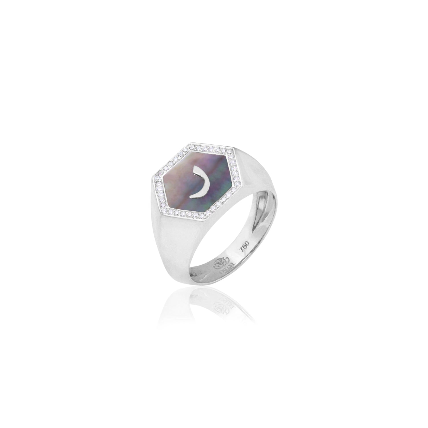 Qamoos 2.0 Letter ر Black Mother of Pearl and Diamond Signet Ring in White Gold