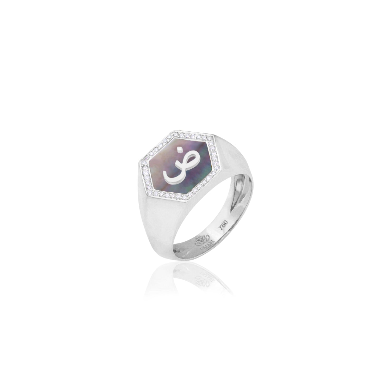 Qamoos 2.0 Letter ض Black Mother of Pearl and Diamond Signet Ring in White Gold