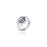 Qamoos 2.0 Letter ج Black Mother of Pearl and Diamond Signet Ring in White Gold