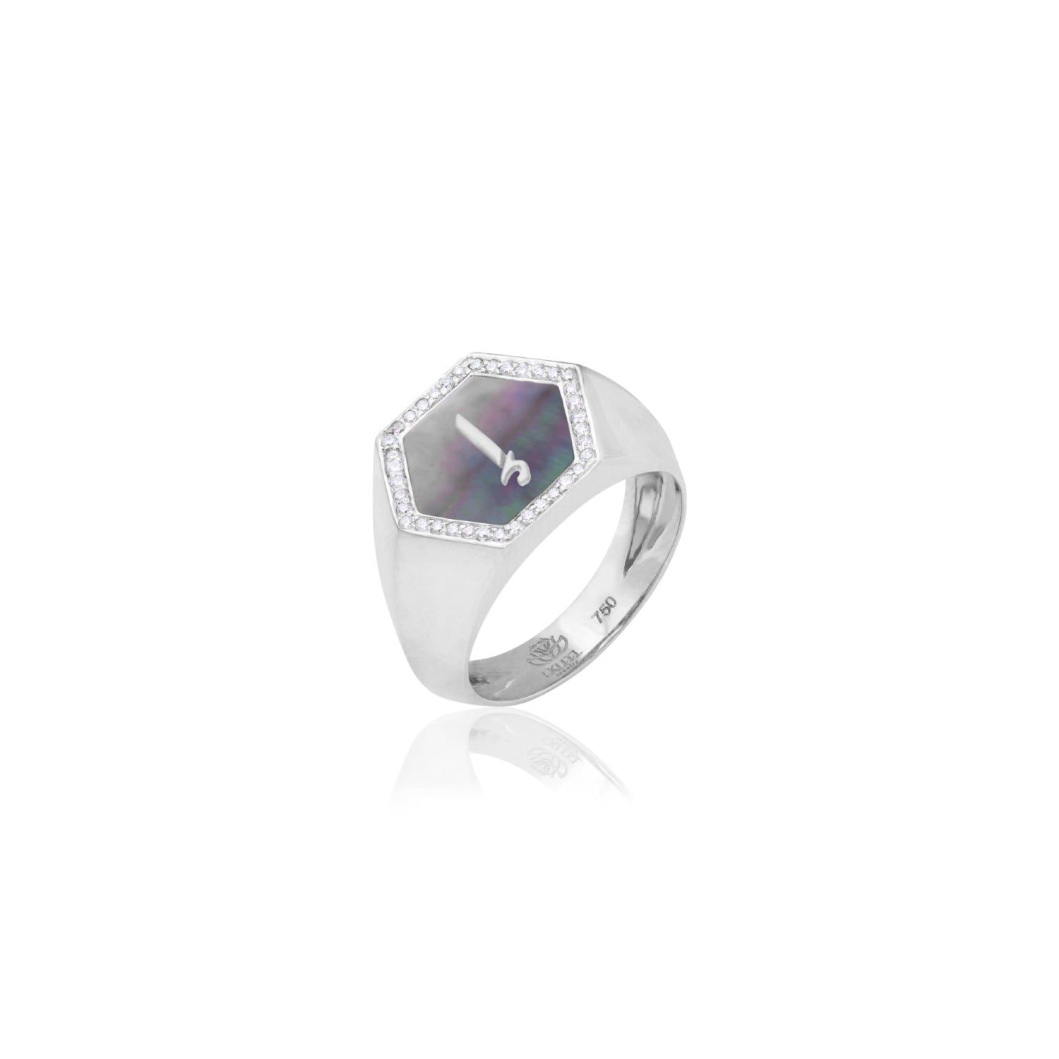 Qamoos 2.0 Letter إ Black Mother of Pearl and Diamond Signet Ring in White Gold