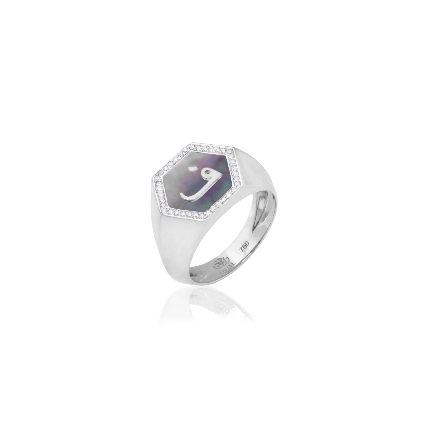 Qamoos 2.0 Letter ف Black Mother of Pearl and Diamond Signet Ring in White Gold