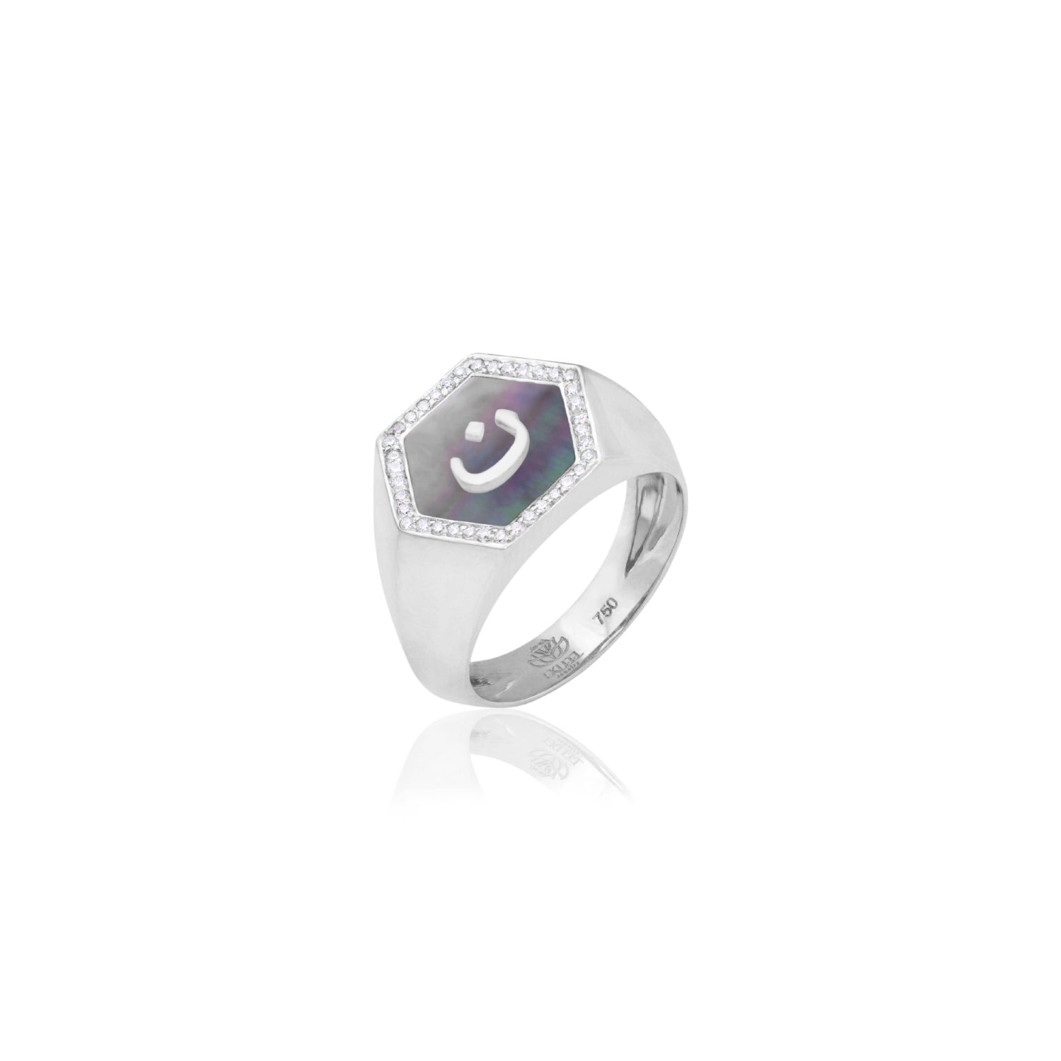 Qamoos 2.0 Letter ن Black Mother of Pearl and Diamond Signet Ring in White Gold