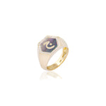 Qamoos 2.0 Letter ج Black Mother of Pearl and Diamond Signet Ring in Yellow Gold