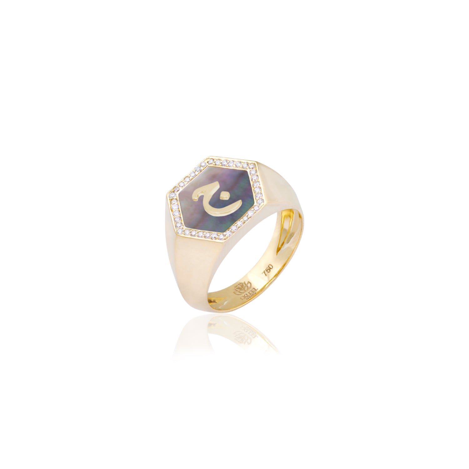 Qamoos 2.0 Letter ج Black Mother of Pearl and Diamond Signet Ring in Yellow Gold