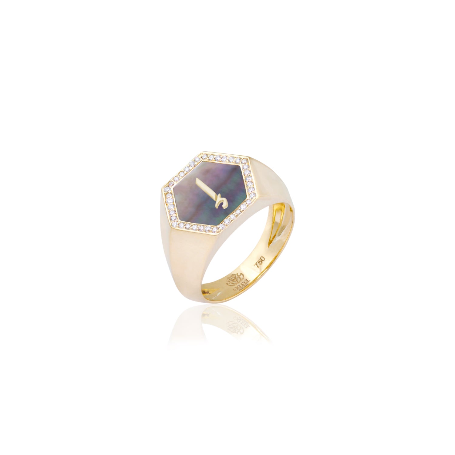 Qamoos 2.0 Letter إ Black Mother of Pearl and Diamond Signet Ring in Yellow Gold