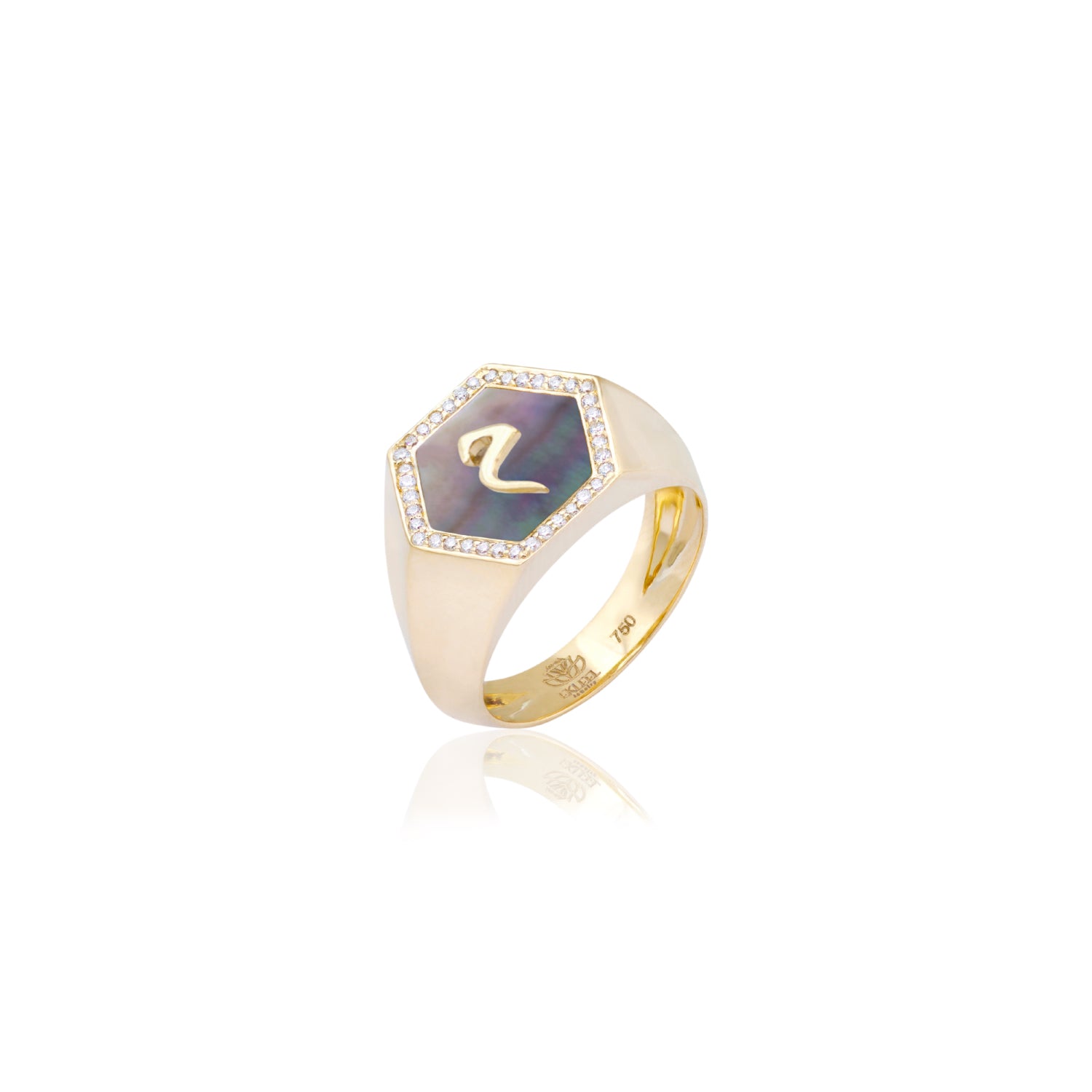 Qamoos 2.0 Letter م Black Mother of Pearl and Diamond Signet Ring in Yellow Gold