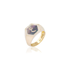 Qamoos 2.0 Letter ع Black Mother of Pearl and Diamond Signet Ring in Yellow Gold