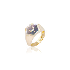 Qamoos 2.0 Letter ب Black Mother of Pearl and Diamond Signet Ring in Yellow Gold