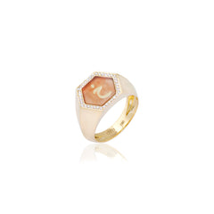 Qamoos 2.0 Letter خ Carnelian and Diamond Signet Ring in Yellow Gold