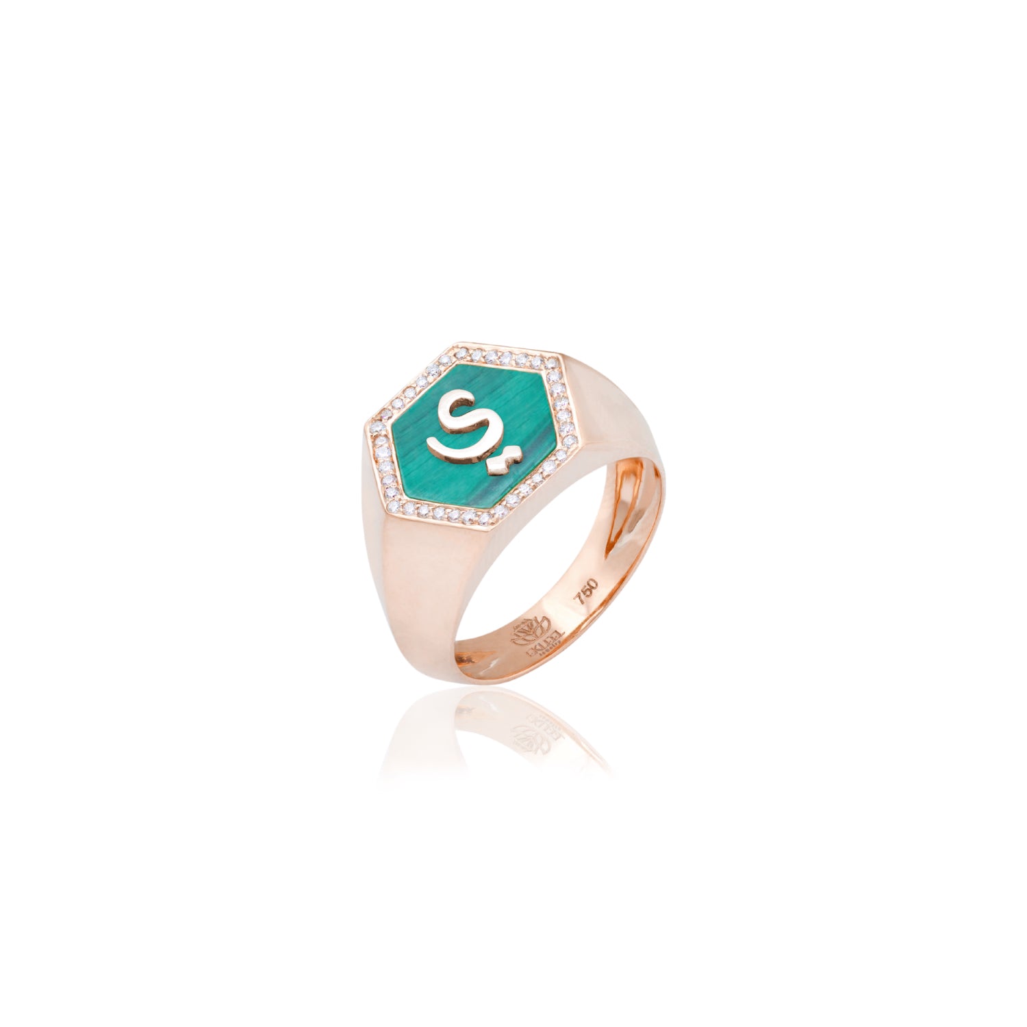 Qamoos 2.0 Letter ي Malachite and Diamond Signet Ring in Rose Gold