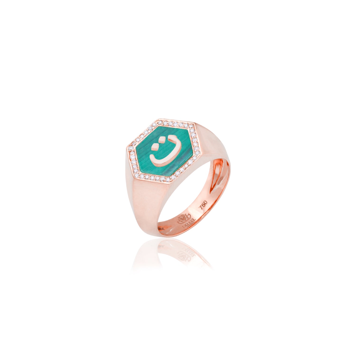 Qamoos 2.0 Letter ت Malachite and Diamond Signet Ring in Rose Gold