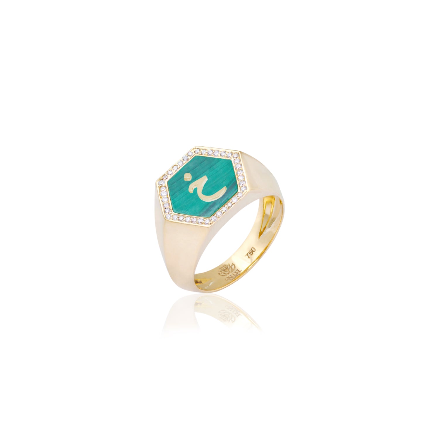 Qamoos 2.0 Letter خ Malachite and Diamond Signet Ring in Yellow Gold