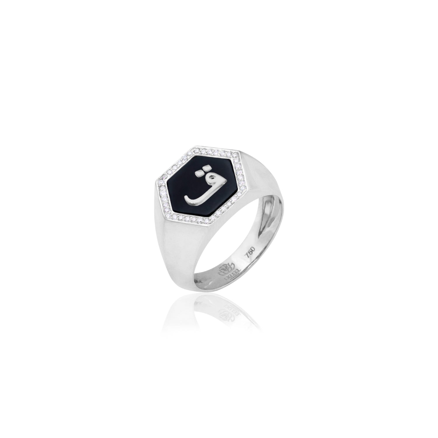 Qamoos 2.0 Letter ق Onyx and Diamond Signet Ring in White Gold