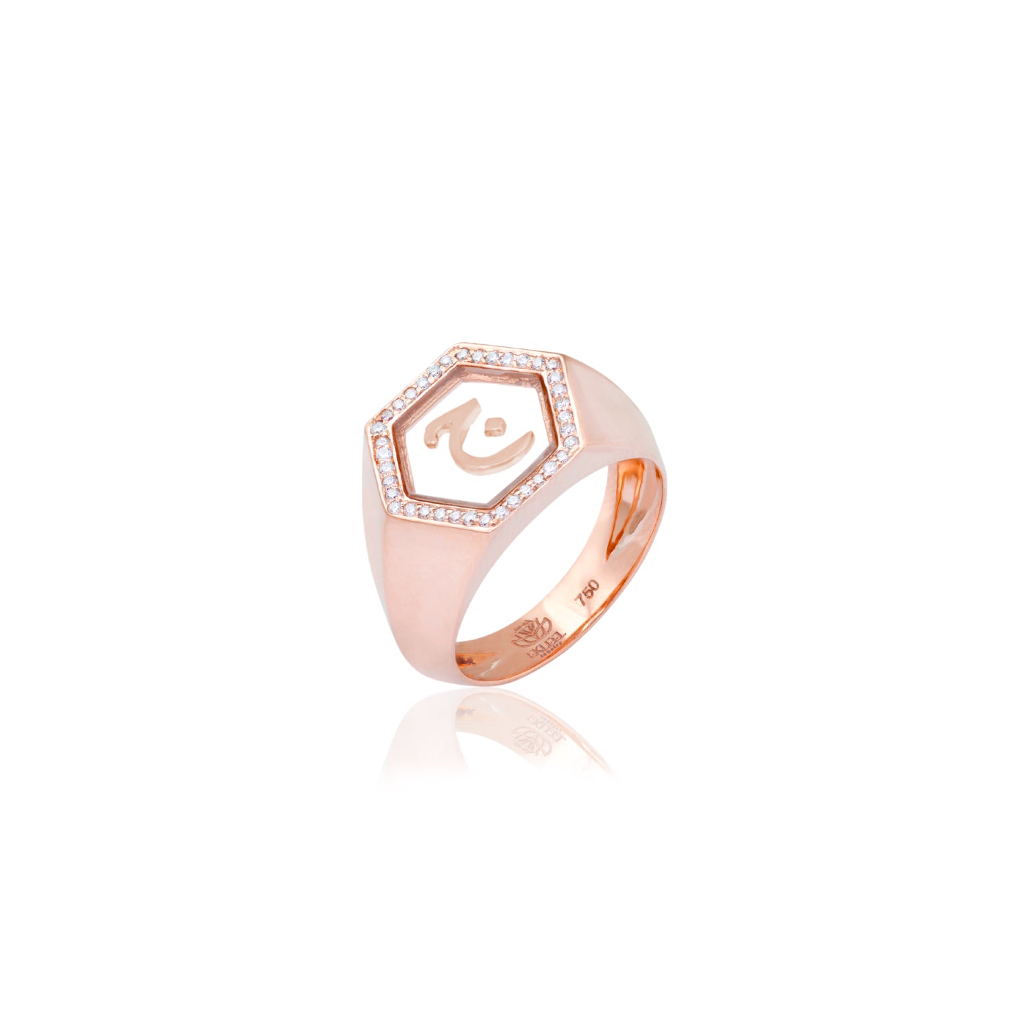 Qamoos 2.0 Letter ج Plexiglass and Diamond Signet Ring in Rose Gold