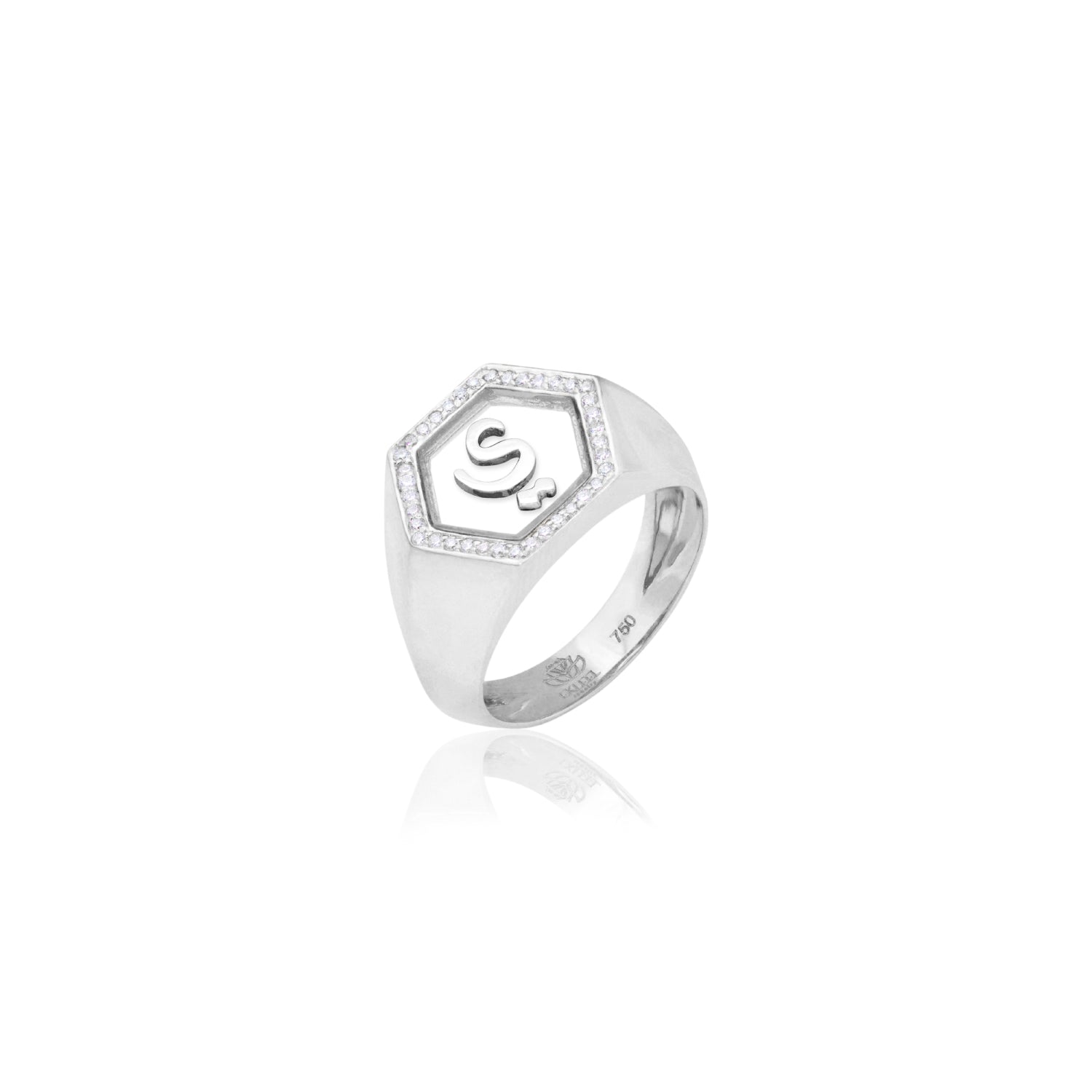Qamoos 2.0 Letter ي Plexiglass and Diamond Signet Ring in White Gold