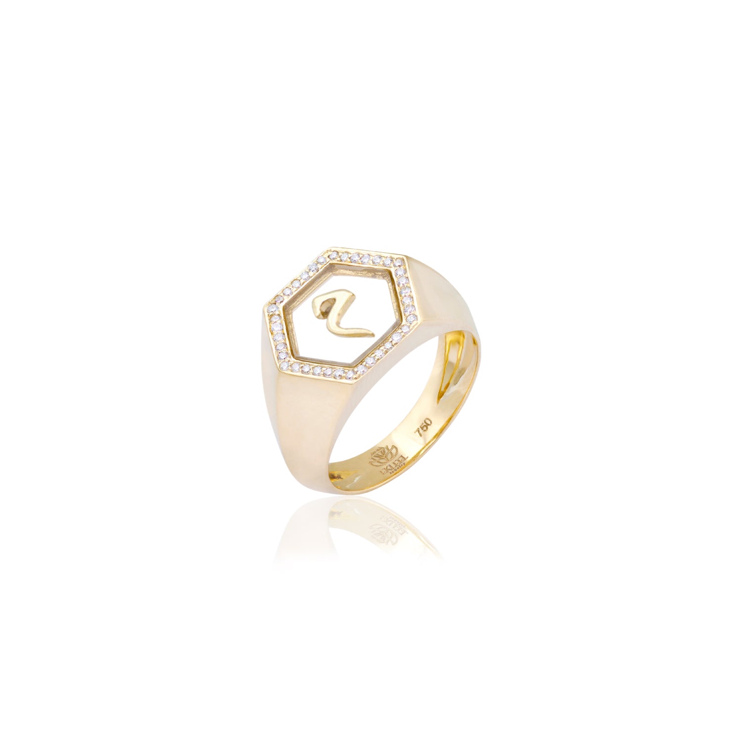 Qamoos 2.0 Letter م Plexiglass and Diamond Signet Ring in Yellow Gold