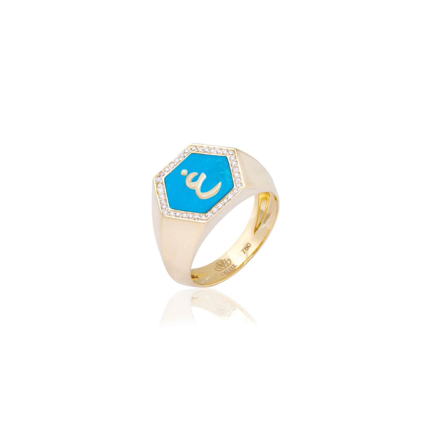 Qamoos 2.0 Letter غ Turquoise and Diamond Signet Ring in Yellow Gold