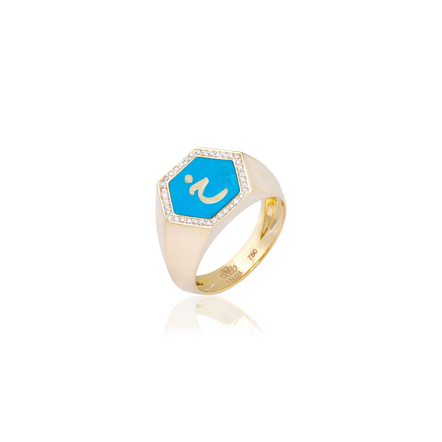 Qamoos 2.0 Letter خ Turquoise and Diamond Signet Ring in Yellow Gold