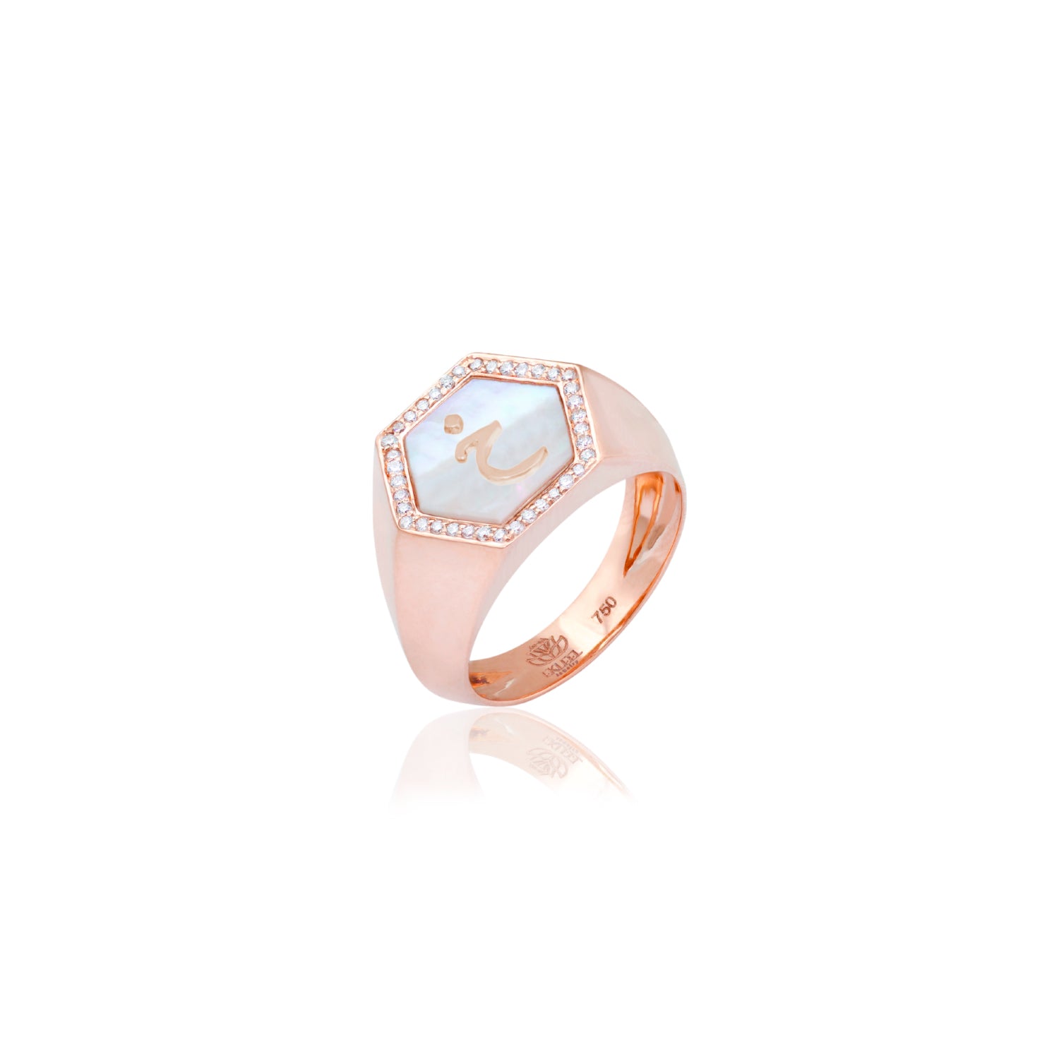 Qamoos 2.0 Letter خ White Mother of Pearl and Diamond Signet Ring in Rose Gold