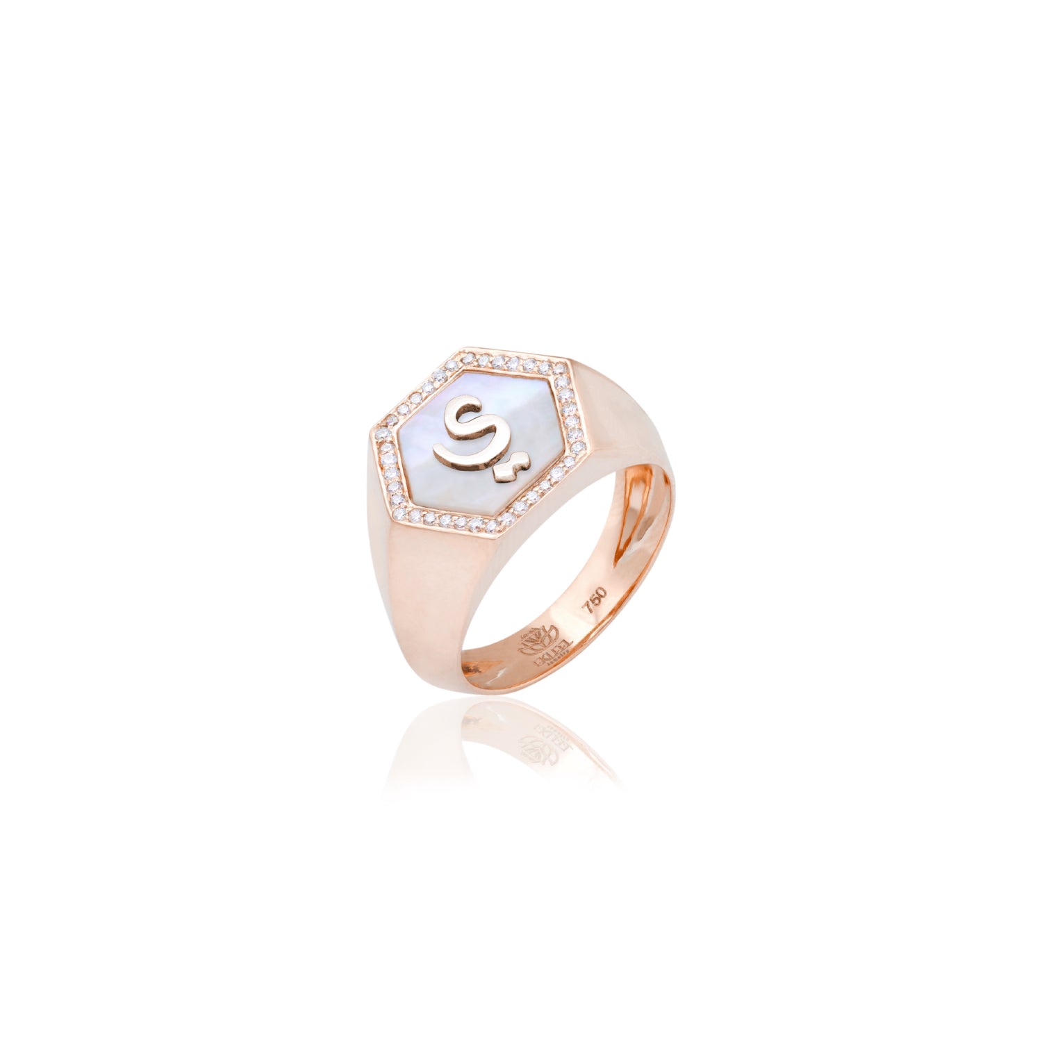 Qamoos 2.0 Letter ي White Mother of Pearl and Diamond Signet Ring in Rose Gold