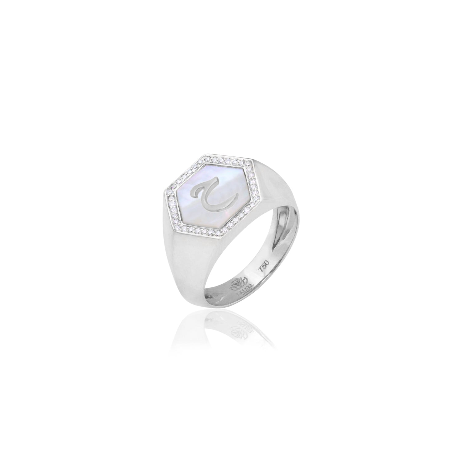 Qamoos 2.0 Letter ح White Mother of Pearl and Diamond Signet Ring in White Gold