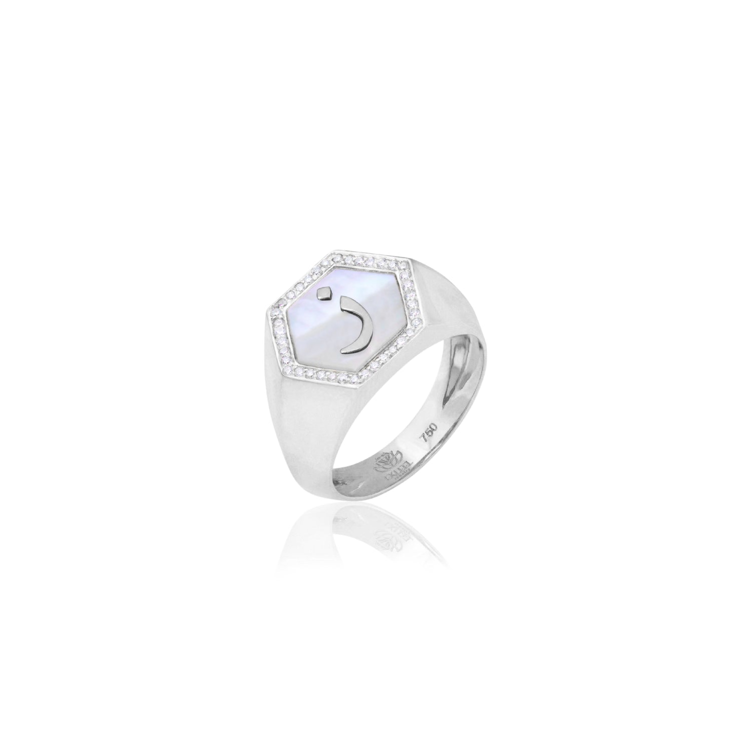 Qamoos 2.0 Letter ز White Mother of Pearl and Diamond Signet Ring in White Gold