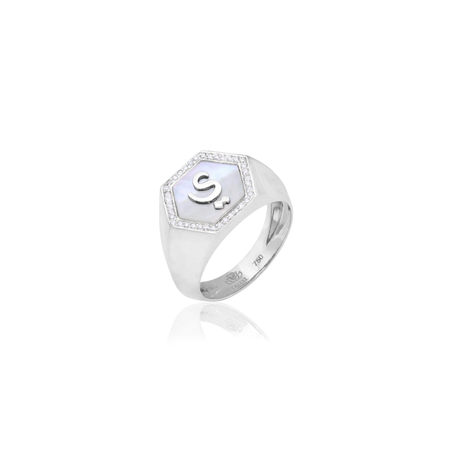 Qamoos 2.0 Letter ي White Mother of Pearl and Diamond Signet Ring in White Gold
