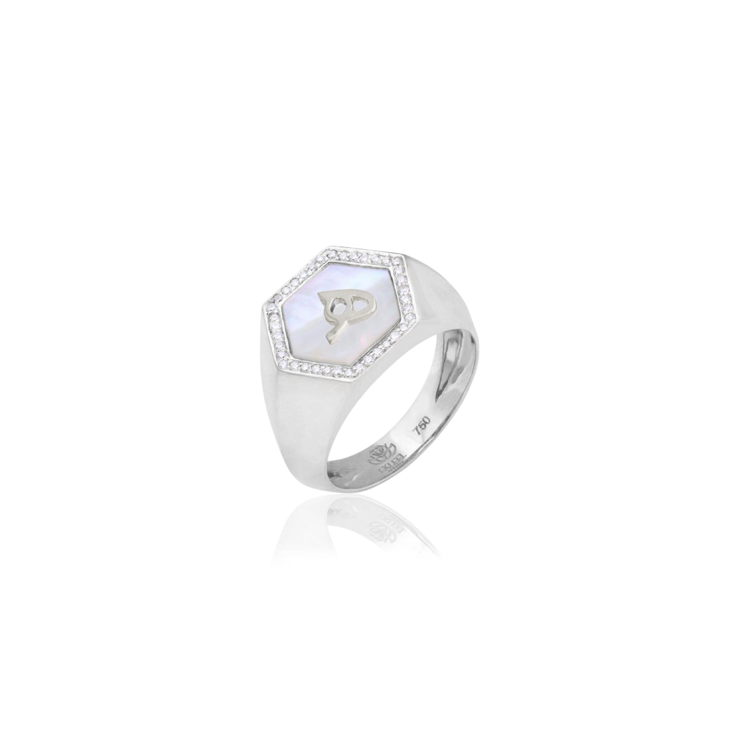 Qamoos 2.0 Letter هـ White Mother of Pearl and Diamond Signet Ring in White Gold