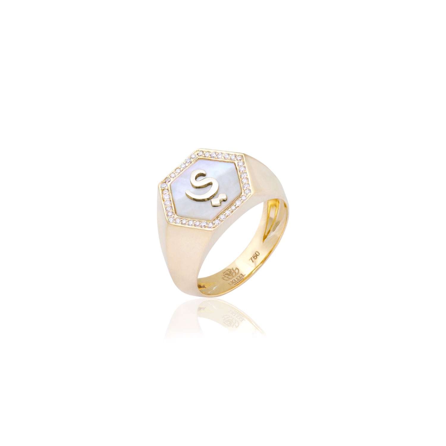 Qamoos 2.0 Letter ي White Mother of Pearl and Diamond Signet Ring in Yellow Gold