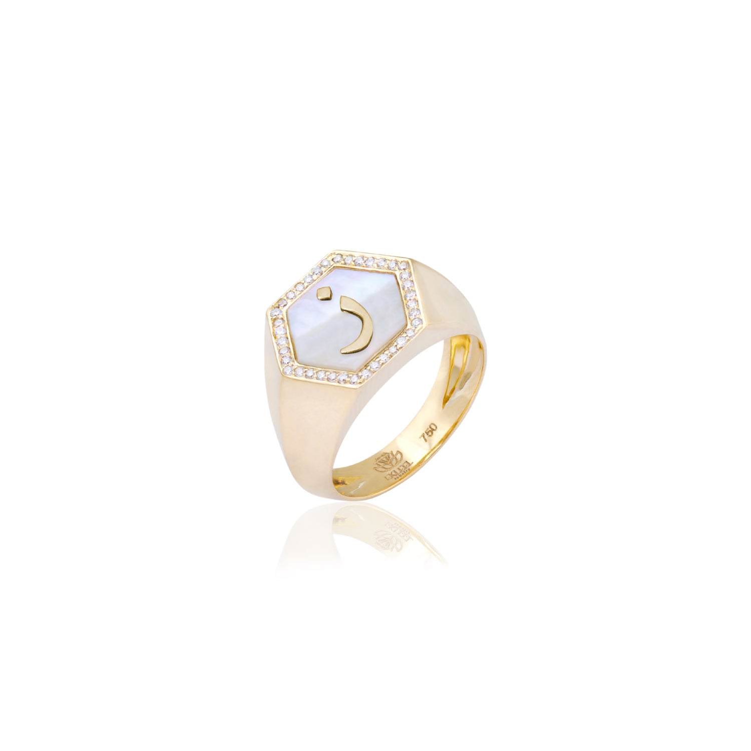 Qamoos 2.0 Letter ز White Mother of Pearl and Diamond Signet Ring in Yellow Gold