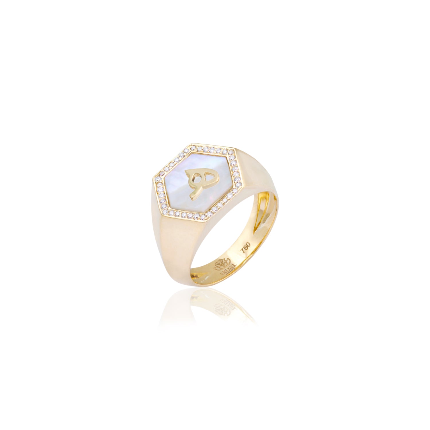 Qamoos 2.0 Letter هـ White Mother of Pearl and Diamond Signet Ring in Yellow Gold