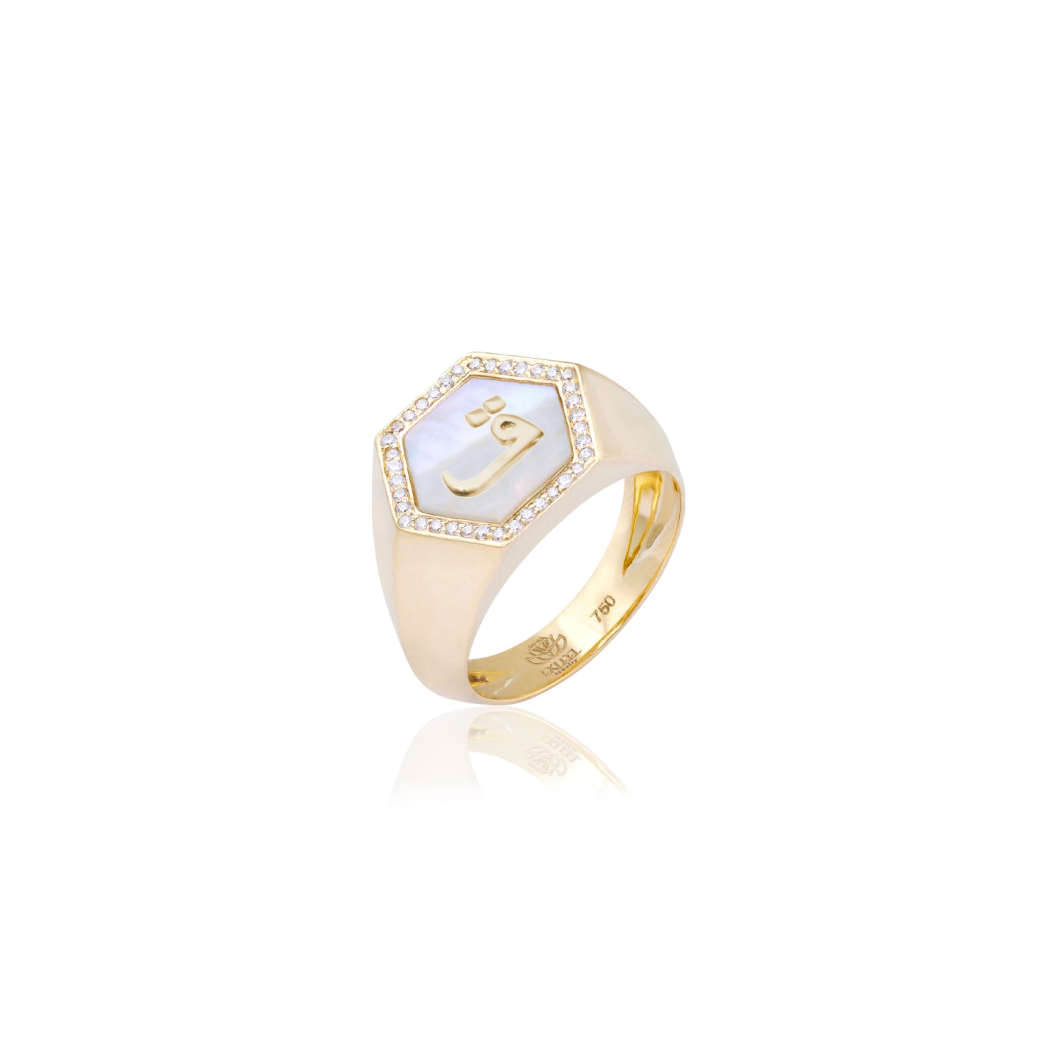 Qamoos 2.0 Letter ق White Mother of Pearl and Diamond Signet Ring in Yellow Gold