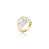 Qamoos 2.0 Letter ق White Mother of Pearl and Diamond Signet Ring in Yellow Gold