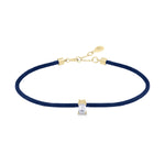 Solitaire Emerald Cut Diamond Navy Blue Cord Bracelet in Yellow Gold