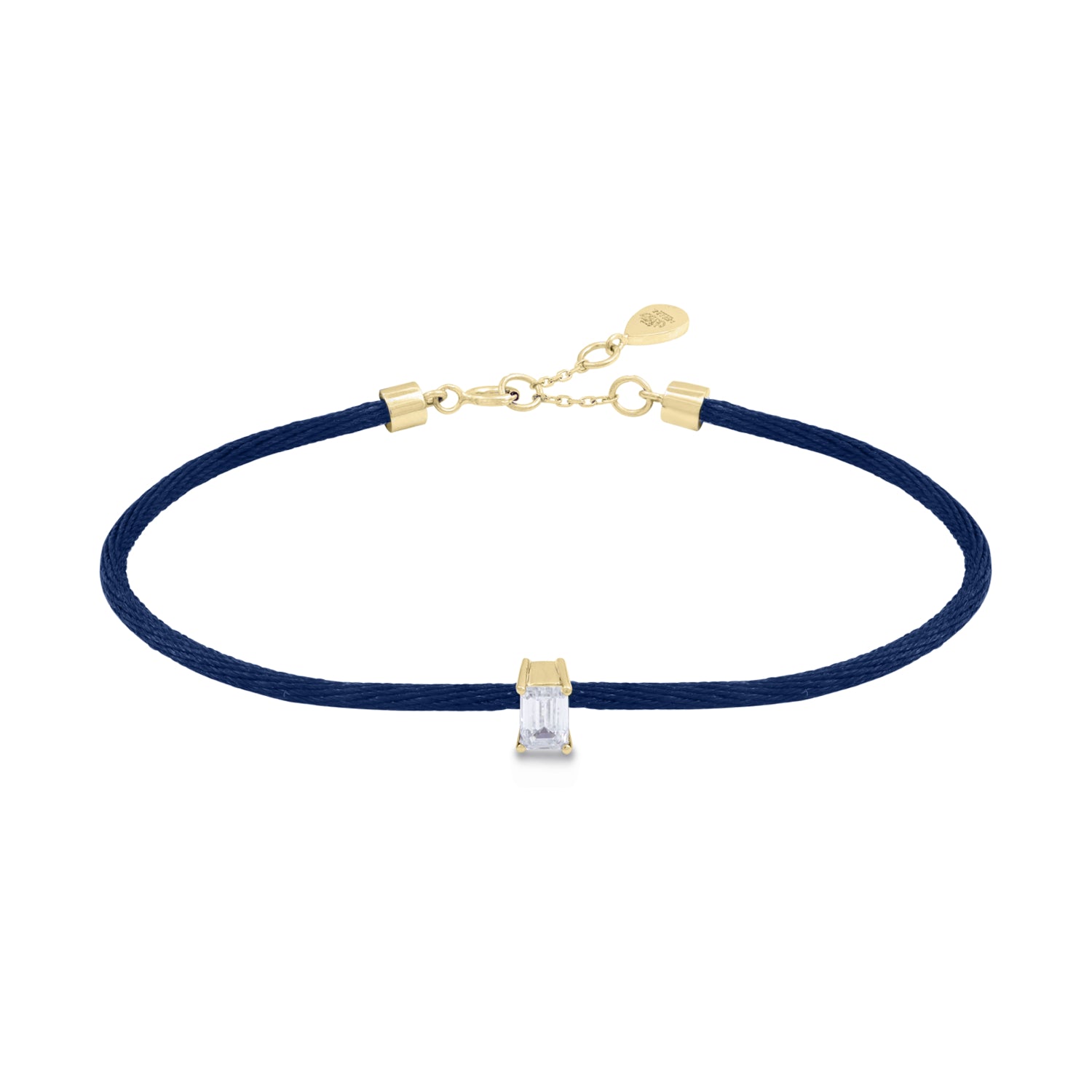 Solitaire Emerald Cut Diamond Navy Blue Cord Bracelet in Yellow Gold