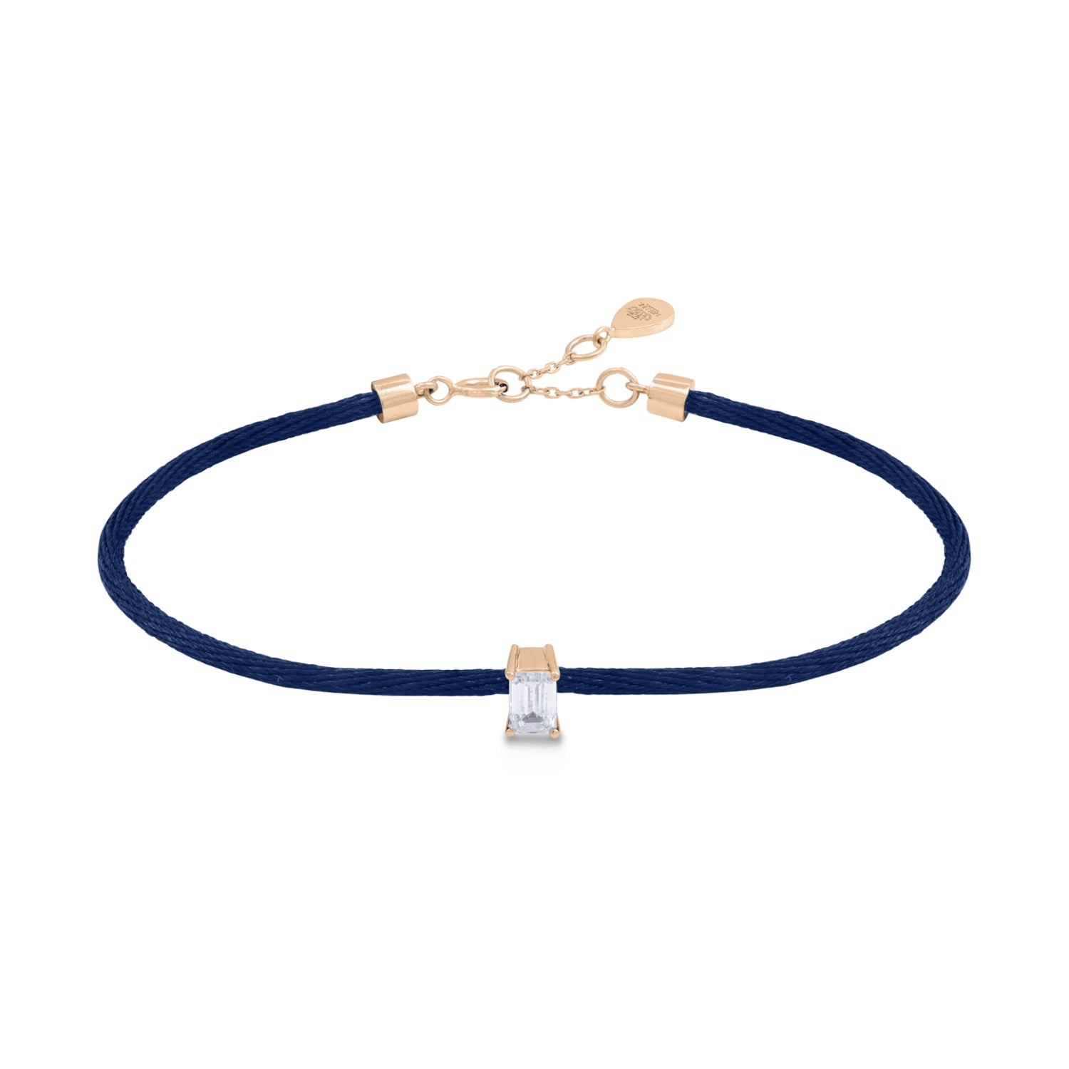 Solitaire Emerald Cut Diamond Navy Blue Cord Bracelet in Rose Gold