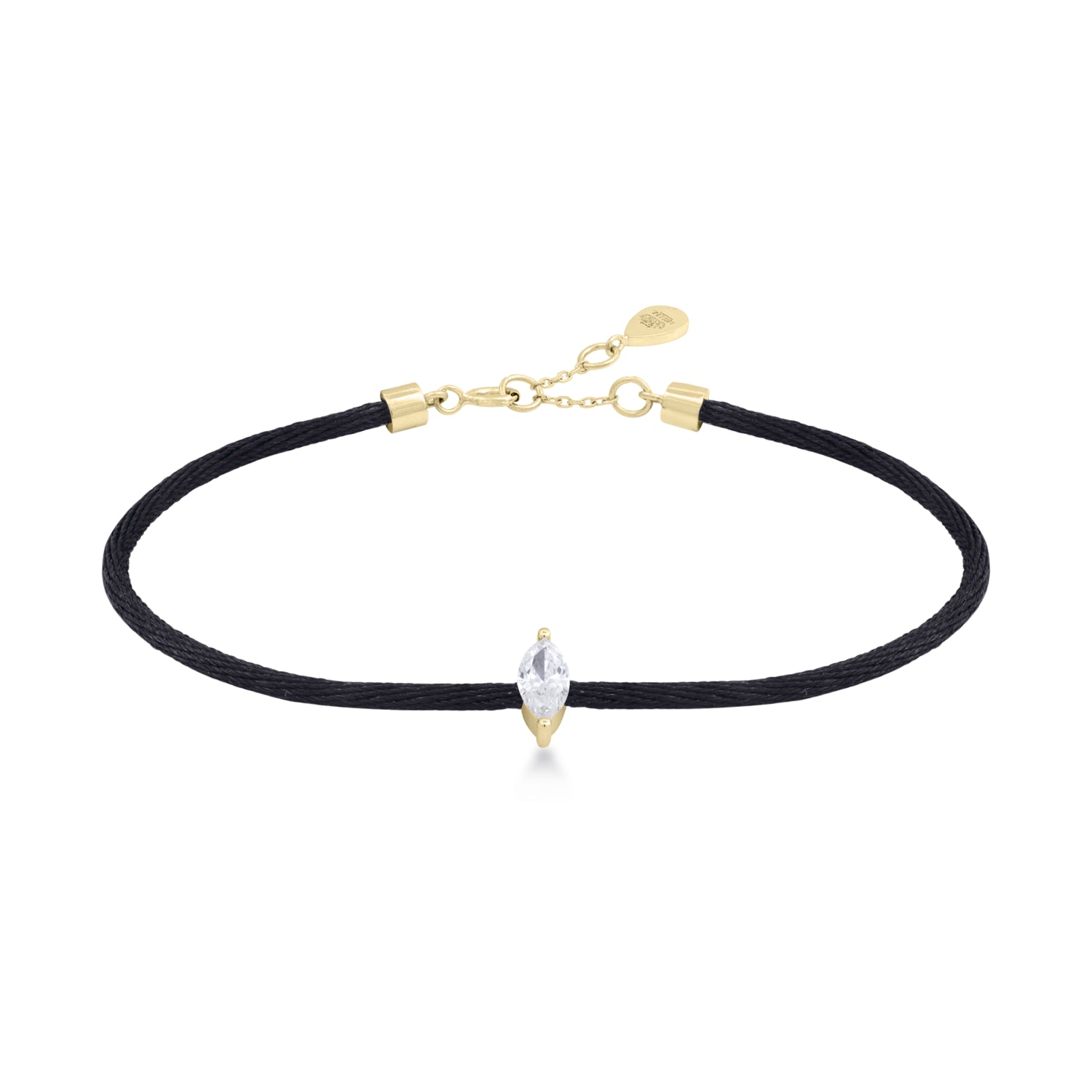 Solitaire Marquise Cut Diamond Black Cord Bracelet in Yellow Gold