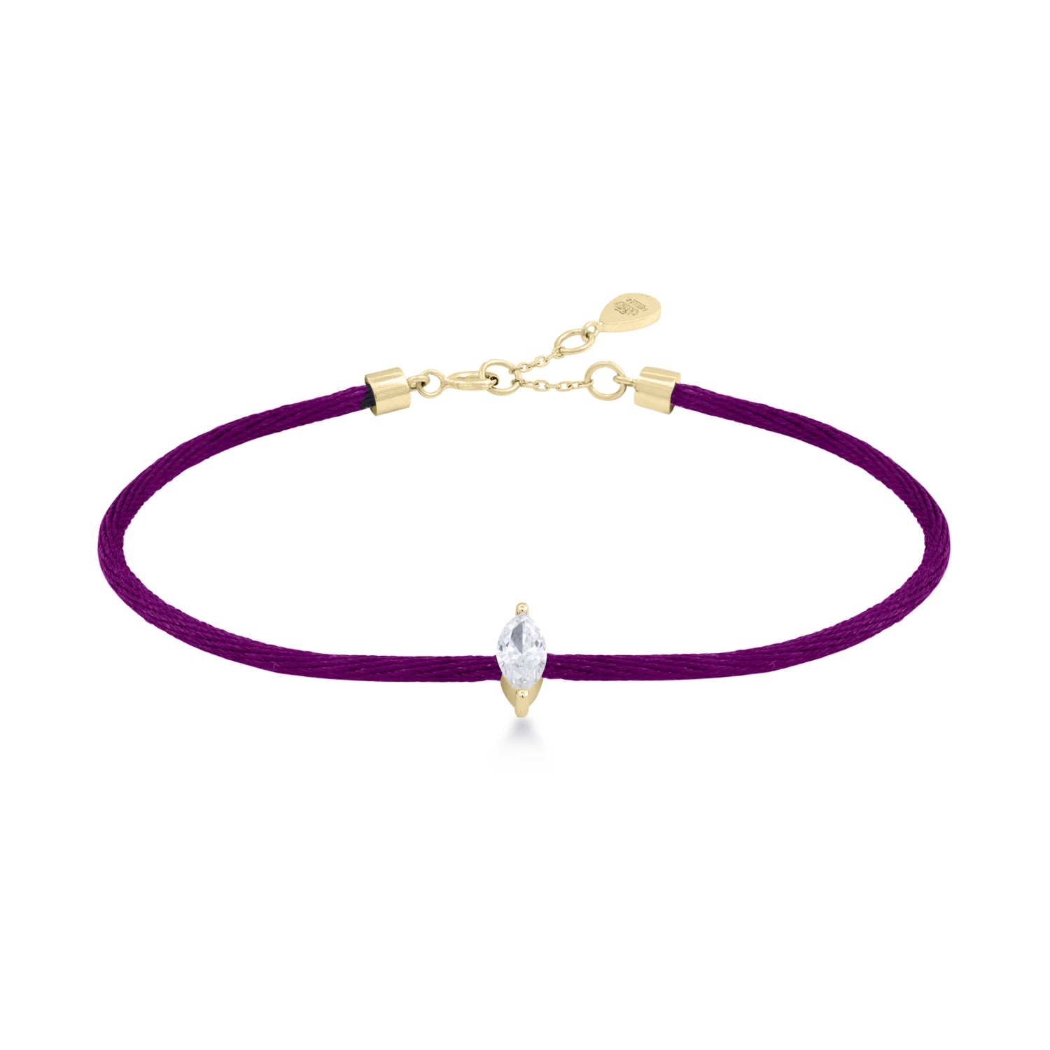 Solitaire Marquise Cut Diamond Purple Cord Bracelet in Yellow Gold