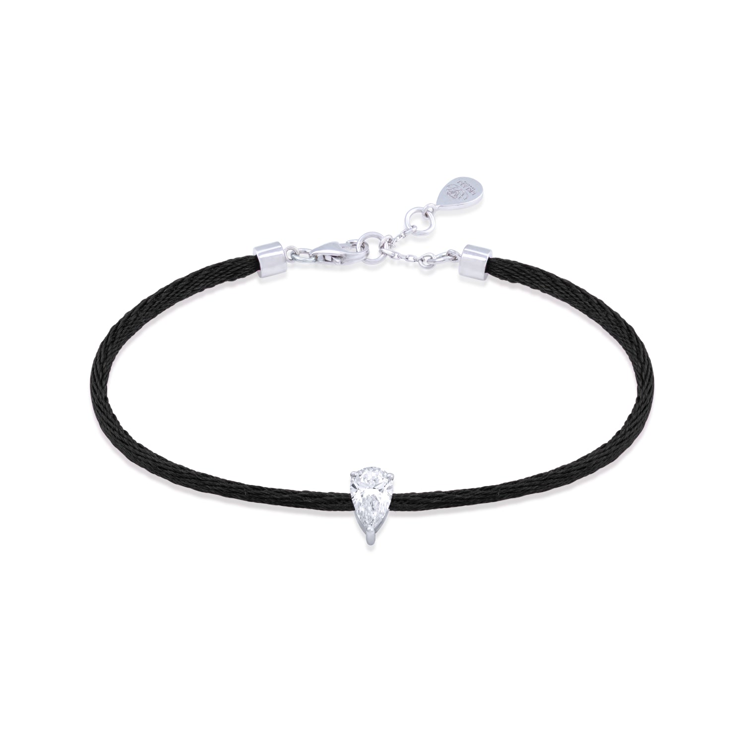Solitaire Pear Cut Diamond Black Cord Bracelet in White Gold