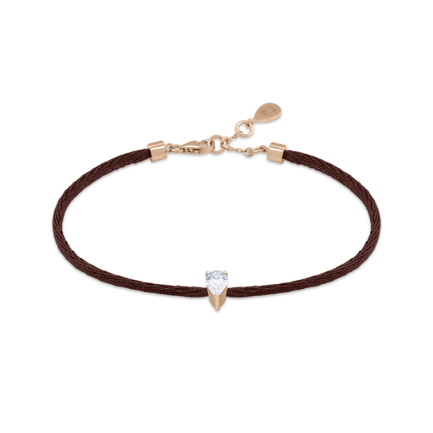 Solitaire Pear Cut Diamond Brown Cord Bracelet in Rose Gold
