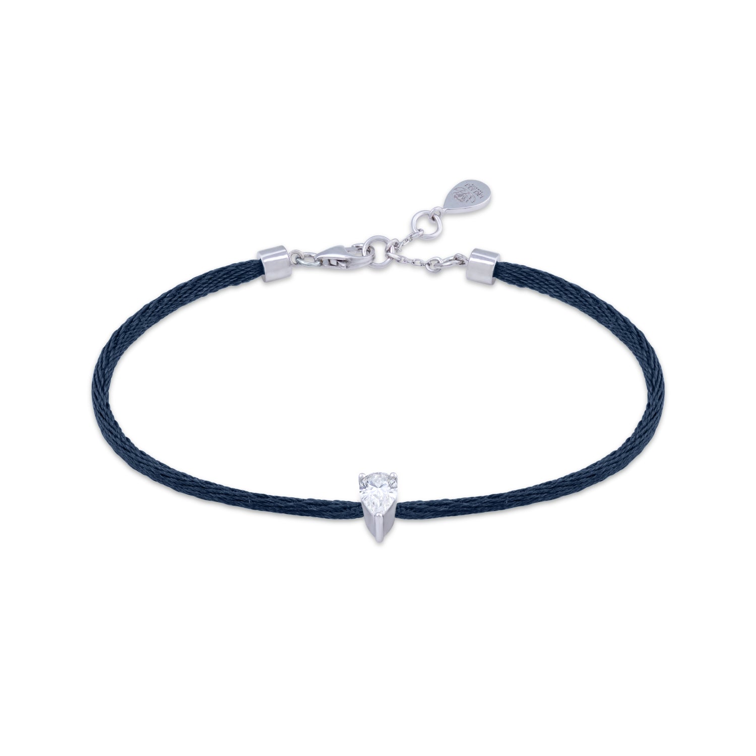 Solitaire Pear Cut Diamond Navy Blue Cord Bracelet in White Gold
