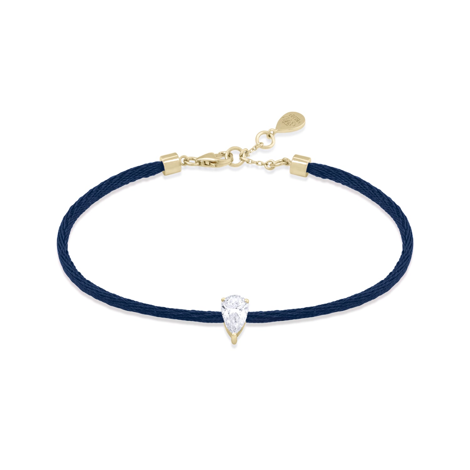 Solitaire Pear Cut Diamond Navy Blue Cord Bracelet in Yellow Gold